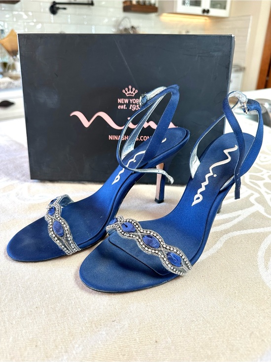 Nina Shoes - Nina Vasek Blue Satin Rhinestone Ankle Strap Heels Size 9